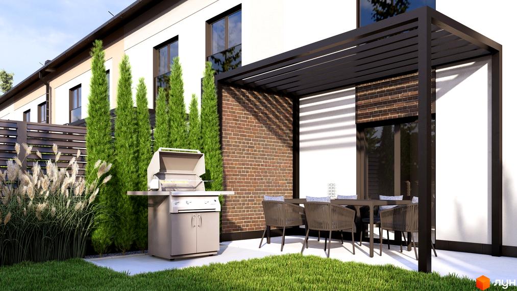 Зовнішній вигляд Таунхаусів Svoie Birky з прибудинковою територією, де розташовані зона для відпочинку та гриль.