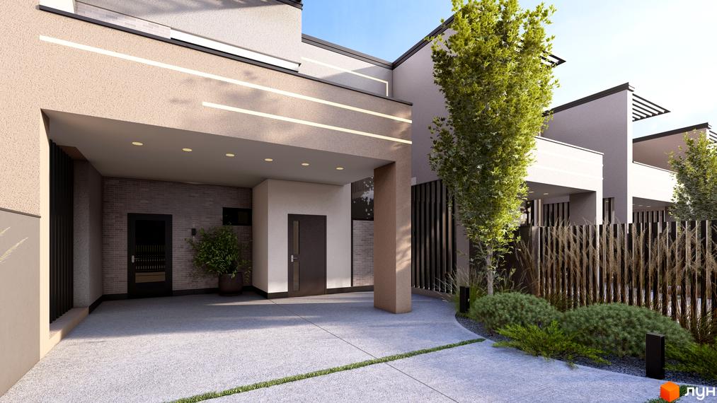 Зовнішній вигляд Таунхаусів Svoie Birky з прибудинковою територією, озелененням та сучасним дизайном входу.