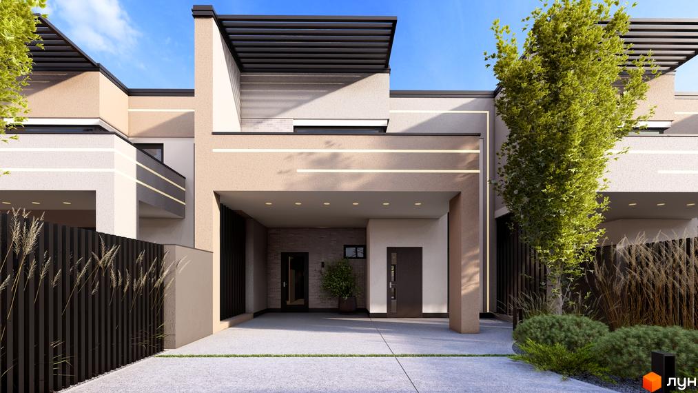 Вхідна зона та фасад Таунхаусів Svoie Birky з сучасними архітектурними елементами і зеленими насадженнями.