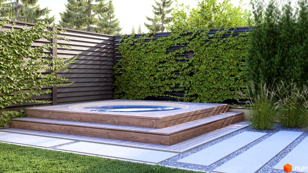 Зовнішній вигляд прибудинкової території Таунхаусів Svoie Birky з дерев'яними сходами до джакузі та зеленими насадженнями.