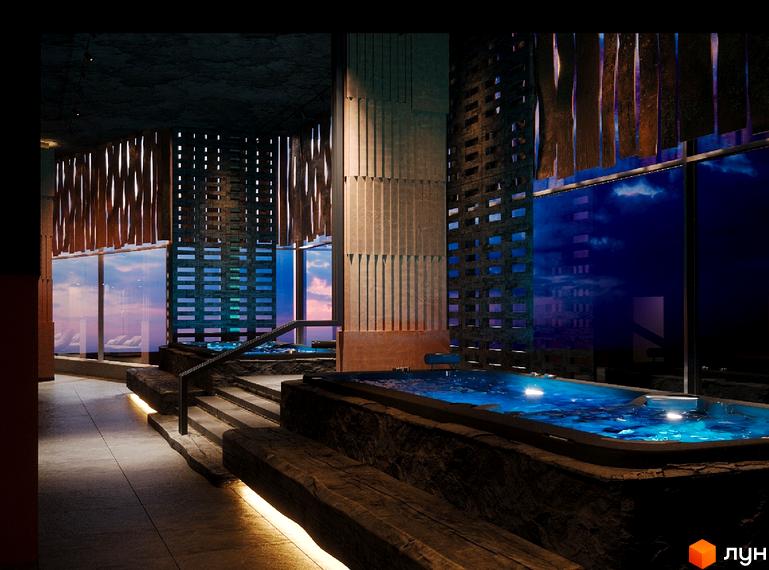 Інтер'єр GRAND SPA RESORT AND CONFERENCE з джакузі та сучасним освітленням. Вид на прибудинкову територію через великі вікна.