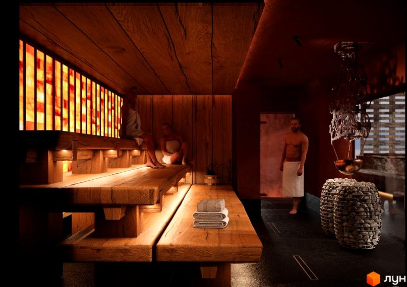 Інтер'єр SPA зони комплексу GRAND SPA RESORT AND CONFERENCE з дерев'яними лавами та соляною стіною. Розкішний простір для відпочинку та оздоровлення.