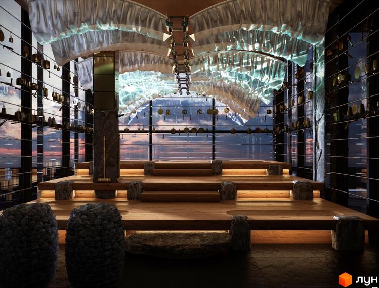 Інтер'єр GRAND SPA RESORT AND CONFERENCE з дерев'яними елементами та сучасним освітленням. Вид на прибудинкову територію з панорамними вікнами.