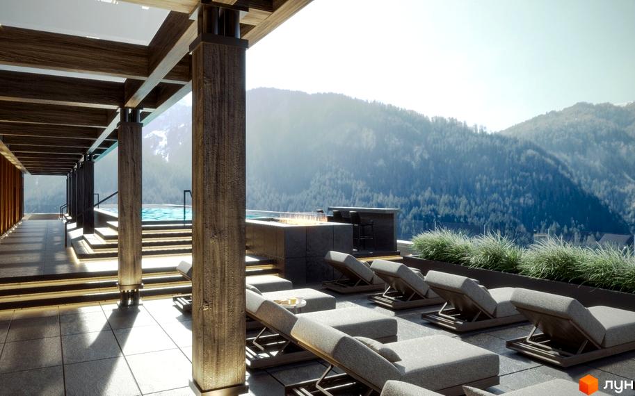 Сучасна тераса житлового комплексу GRAND SPA RESORT AND CONFERENCE з басейном та шезлонгами, оточена гірським пейзажем.