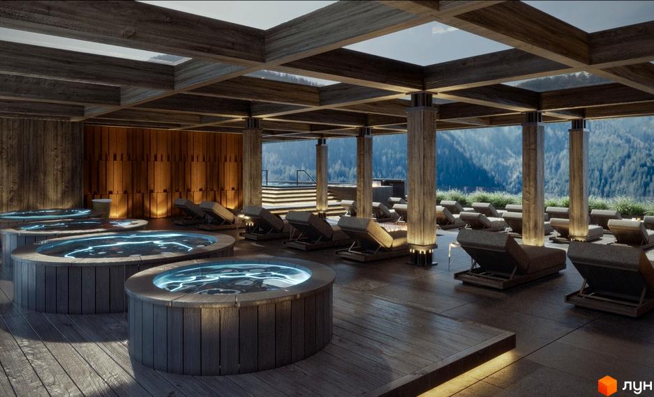Спа-зона GRAND SPA RESORT AND CONFERENCE з дерев'яним каркасом, круглими джакузі та шезлонгами. Відкривається вид на гірський ландшафт.