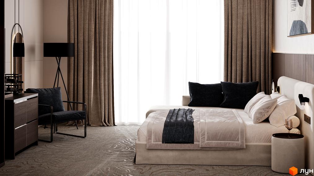 Сучасний інтер'єр номера в GRAND SPA RESORT AND CONFERENCE з великим вікном, ліжком та затишним кріслом.