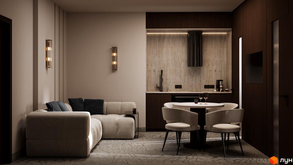 Сучасна кухня та вітальня в житловому комплексі GRAND SPA RESORT AND CONFERENCE з комфортними меблями та елегантним дизайном.