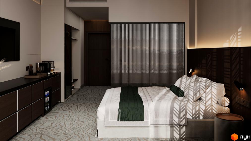 Сучасна спальня в GRAND SPA RESORT AND CONFERENCE з двоспальним ліжком та стильними меблями. Простора кімната з комфортним освітленням.