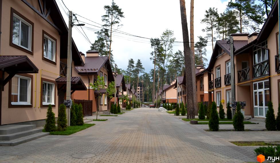 Котеджне містечко Sweet Home: двоповерхові будинки з бежевими фасадами та коричневими дахами. Брукована вулиця та озеленена територія серед сосен.