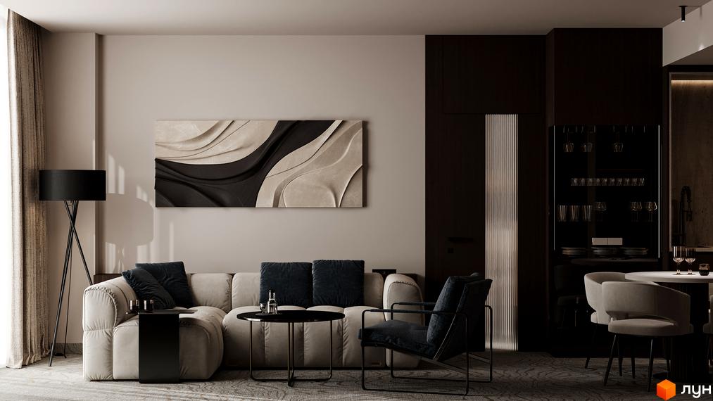 Інтер'єр вітальні в GRAND SPA RESORT AND CONFERENCE: світлий диван, темні меблі та обідня зона.