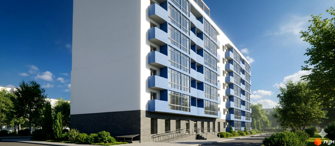 Житловий комплекс Оксамит з сучасним фасадом та великими вікнами, розташований серед зелених насаджень та облаштованої території.