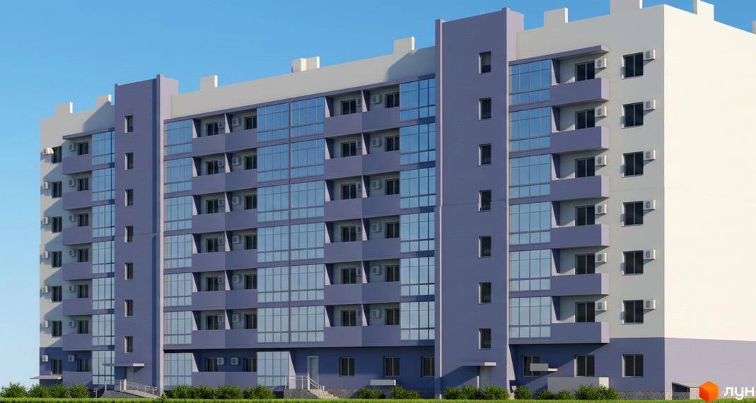 Житловий комплекс Оксамит з сучасним фасадом та великими вікнами. Прибудинкова територія з зеленими насадженнями.