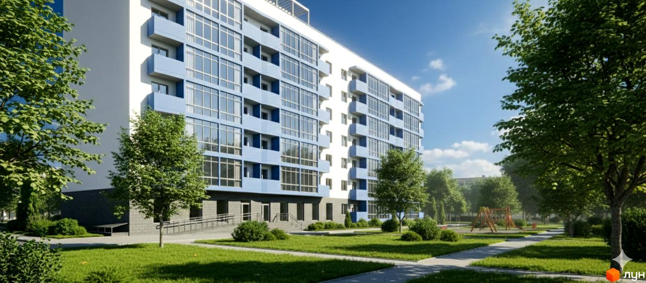 Житловий комплекс Оксамит з сучасним фасадом та великими вікнами. Прибудинкова територія з зеленими насадженнями та дитячим майданчиком.