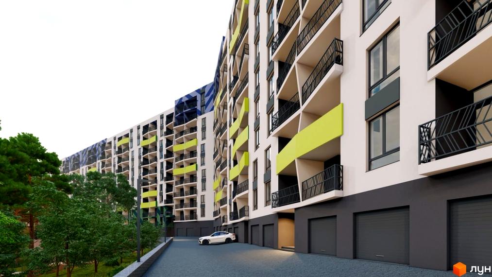 Житловий комплекс Мадагаскар з сучасними балконами та прибудинковою територією, обрамлений зеленими насадженнями.