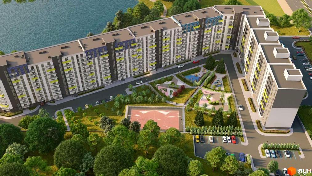 Житловий комплекс Мадагаскар з сучасною архітектурою та прибудинковою територією, що включає зелені насадження та спортивні майданчики.