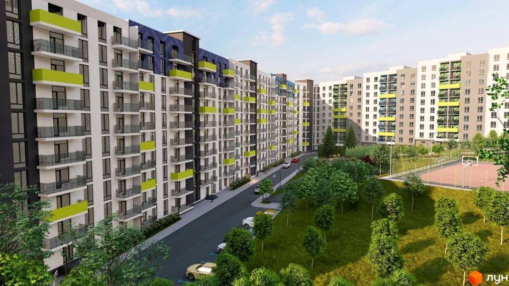 Зовнішній вигляд житлового комплексу ЖК Мадагаскар з балконами та парковкою. Прибудинкова територія з зеленими насадженнями та спортивним майданчиком.