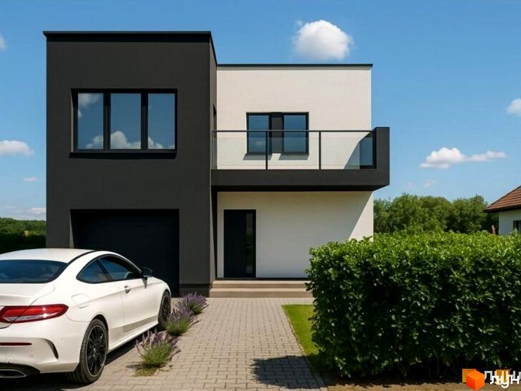 Сучасний будинок житлового комплексу КМ Savanna з балконом та гаражем, оточений зеленими насадженнями та вимощеною доріжкою.