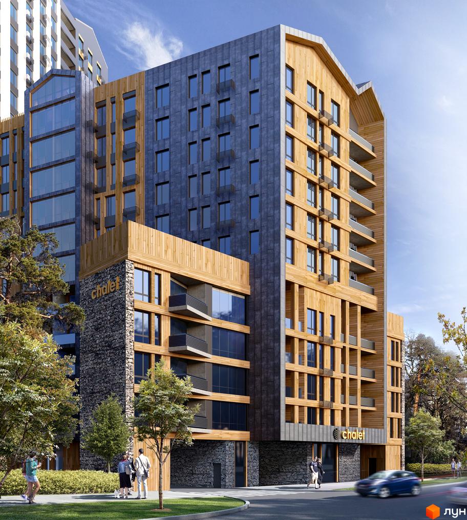 Житловий комплекс Chalet з сучасною архітектурою та дерев'яними елементами, зелена прибудинкова територія з деревами.