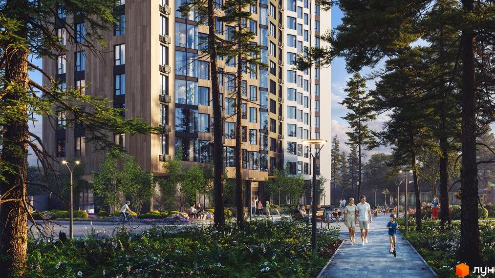 Житловий комплекс ЖК Chalet з сучасним фасадом та прибудинковою територією, де гуляють сім'ї та катаються на велосипедах.