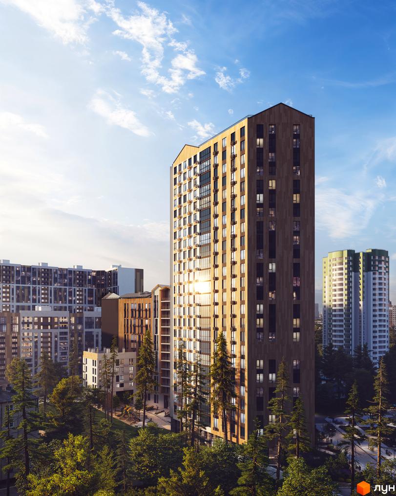 Житловий комплекс ЖК Chalet з сучасним фасадом, оточений зеленими насадженнями та облаштованою прибудинковою територією.