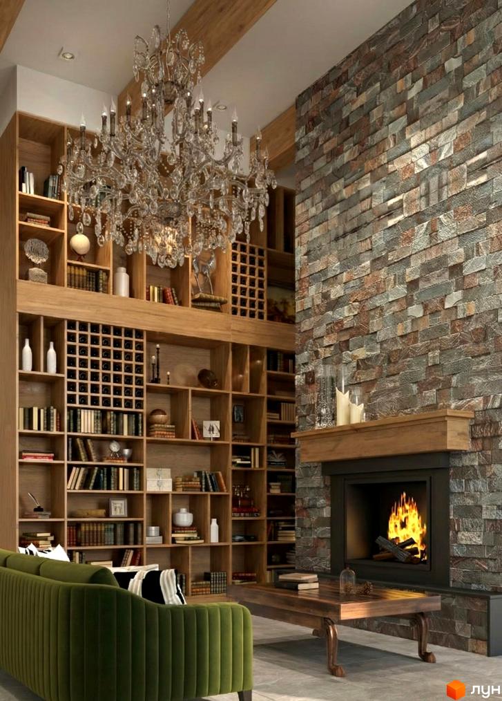 Інтер'єр житлового комплексу ЖК Chalet з каміном, книжковими полицями та затишним диваном. Сучасне оформлення з використанням натуральних матеріалів.