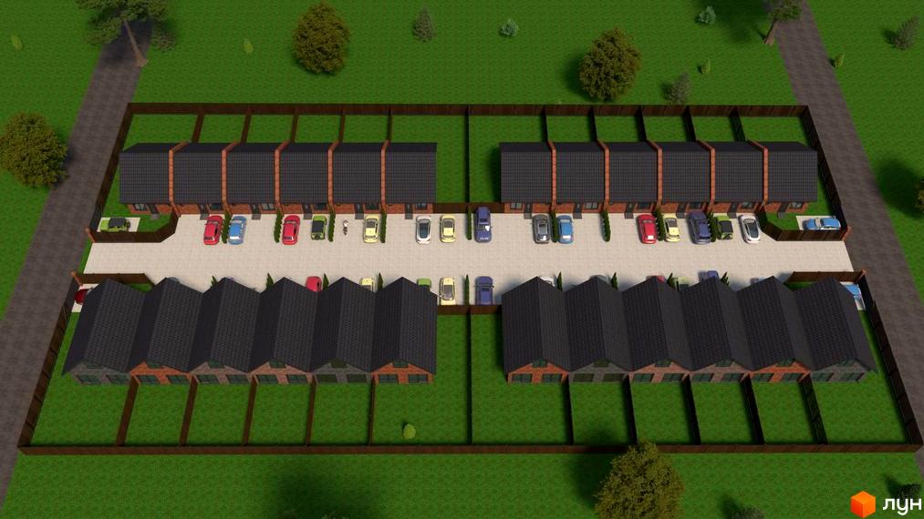 Вигляд котеджного містечка КМ Панська Баварія з прибудинковою територією та паркувальними місцями для автомобілів.