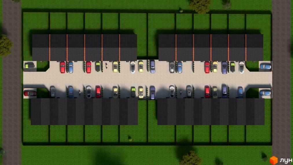 Схема прибудинкової території Котеджного містечка Панська Баварія з паркувальними місцями та зеленими насадженнями.