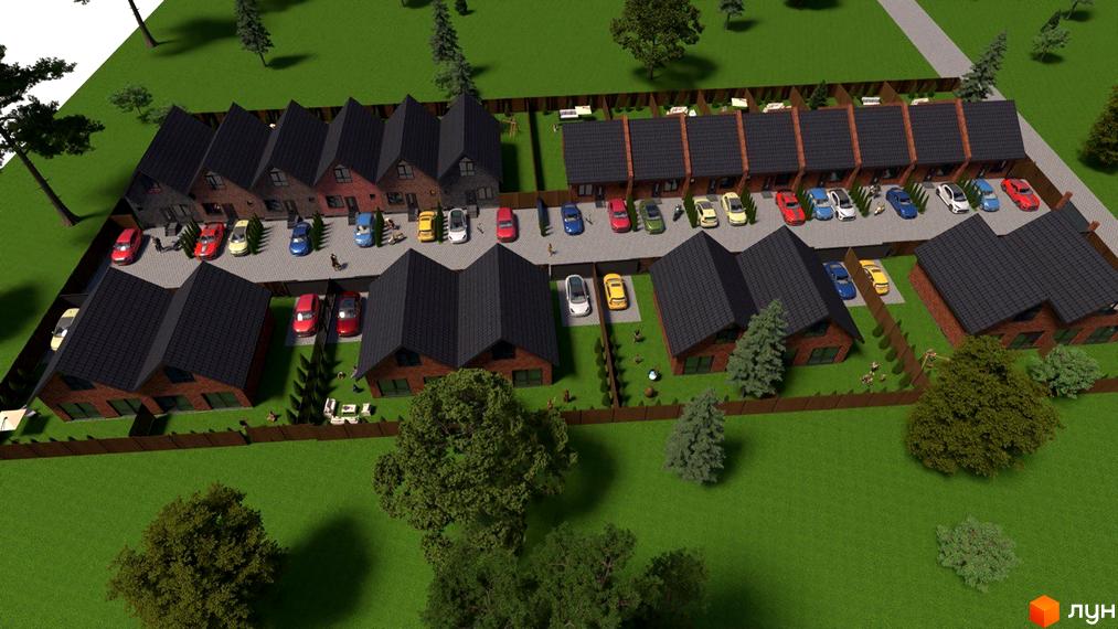 Котеджне містечко Лісова Баварія має будинки з темними дахами та цегляними стінами. Територія облаштована газонами, деревами та парковками.