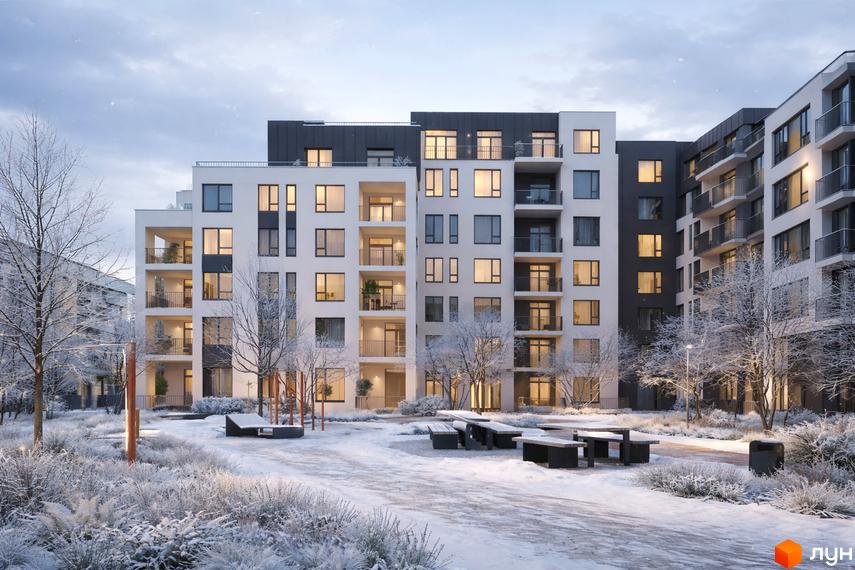 Житловий комплекс Empatika з білими та темними фасадами, балконами та великими вікнами. На передньому плані засніжений двір з деревами, лавками та освітленням.