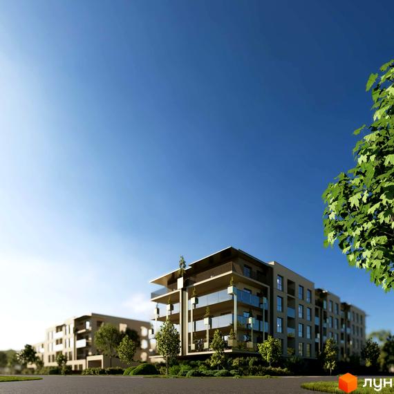 Житловий комплекс Fly Town. Сучасна архітектура з балконами та скляними фасадами, зелена прибудинкова територія та дерева.