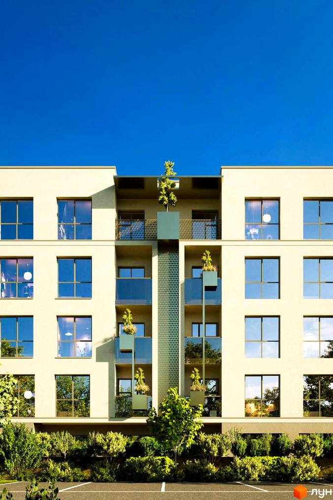 Новобудова ЖК Fly Town з великою кількістю вікон та балконів, оточена зеленню та деревами.