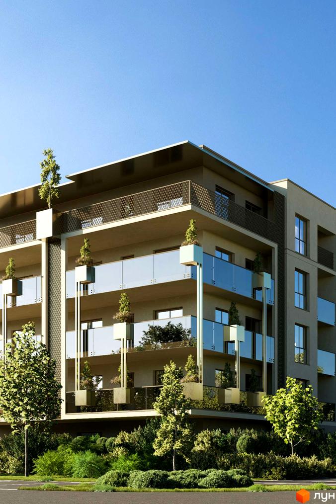 Фасад Житлового комплексу Fly Town з балконами зі скляними огорожами та декоративними решітками, оточений зеленою територією.