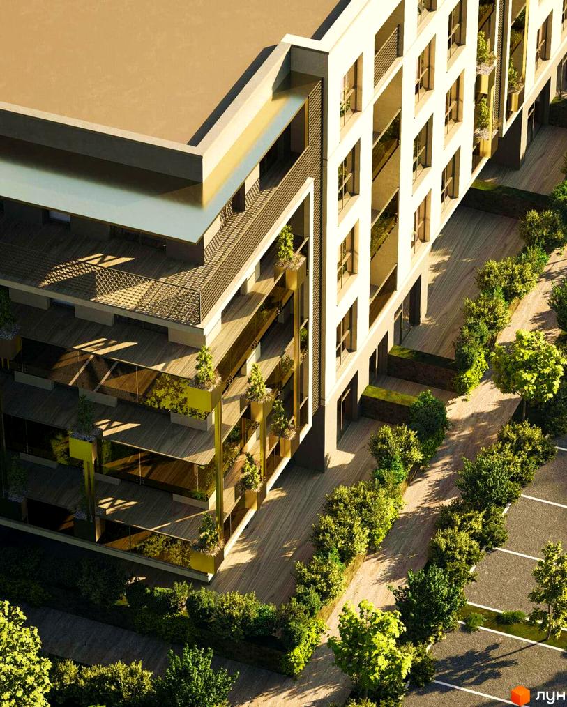 Новобудова Fly Town: будинок зі світлим фасадом, скляними балконами та дерев'яними терасами. Навколо - зелені насадження та паркінг.