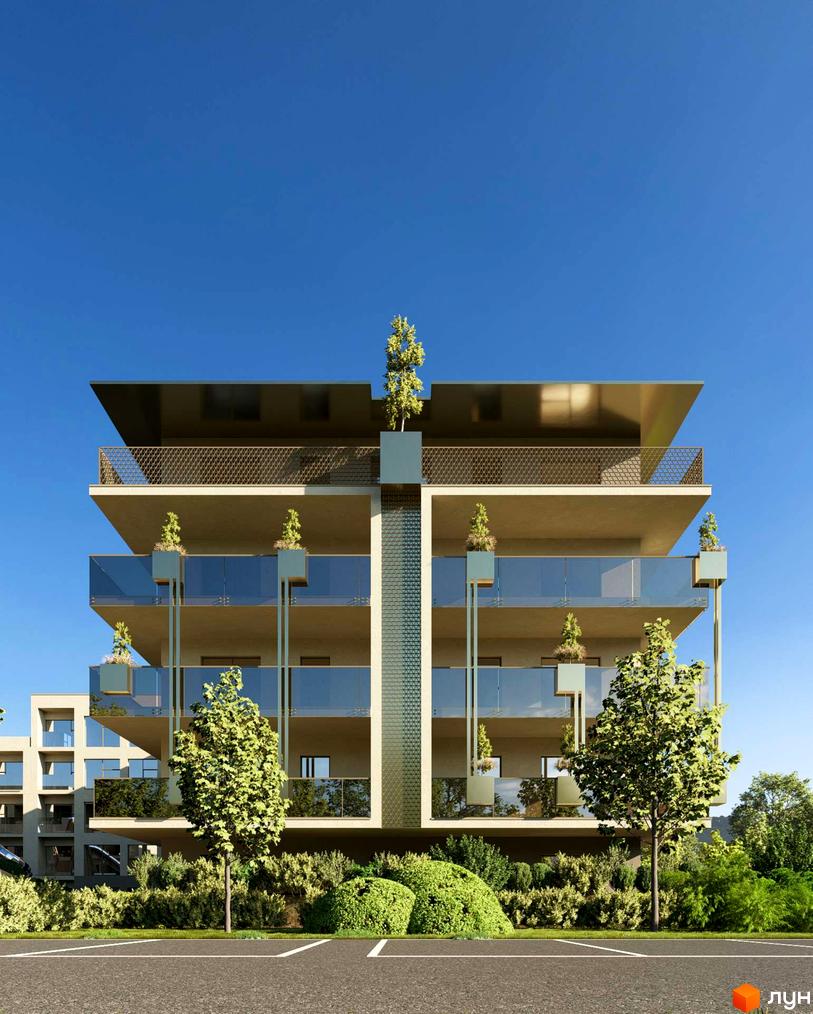 Новобудова Fly Town з скляними балконами та зеленими насадженнями. Зовнішній вигляд будинку та прибудинкова територія.