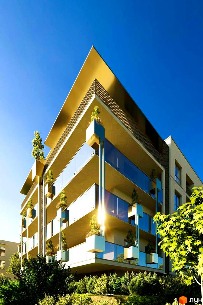 Житловий комплекс Fly Town - сучасна архітектура з балконами та зеленню. Навколо комплексу - доглянута прибудинкова територія з деревами та кущами.