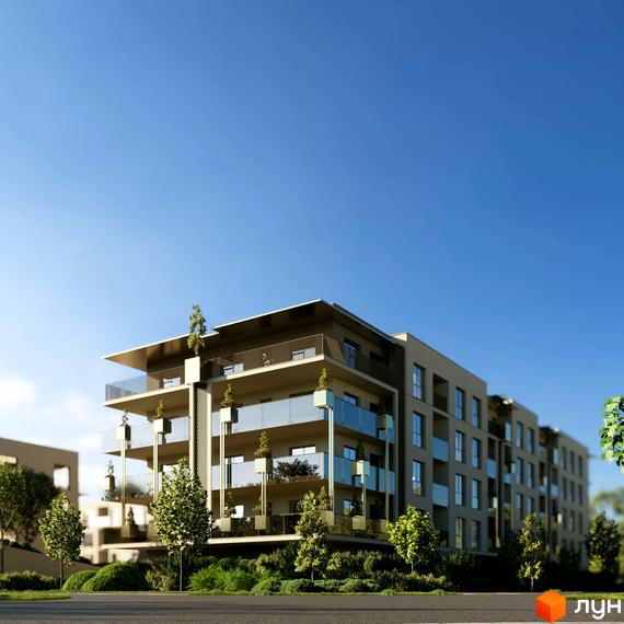 Зовнішній вигляд житлового комплексу Fly Town з балконами та скляними огорожами. Навколо будинку розташовані дерева та зелені насадження.