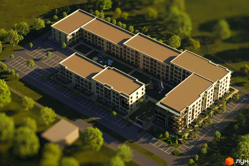 Житловий комплекс Fly Town: вид зверху на будинки зі світлими фасадами, внутрішні двори з дитячими майданчиками та парковки.