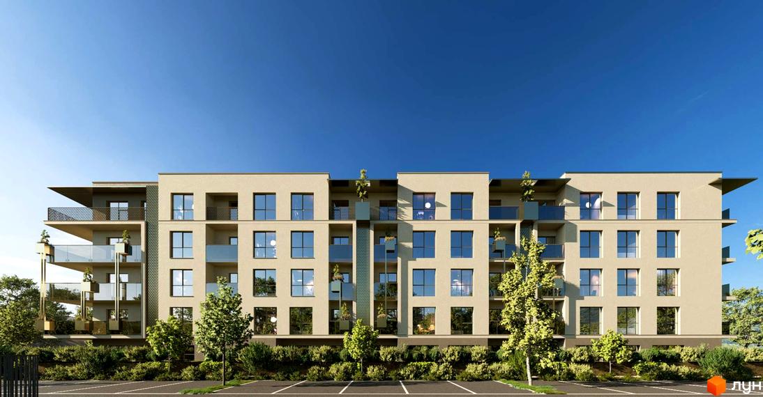Зовнішній вигляд новобудови ЖК Fly Town з балконами та великими вікнами на фоні блакитного неба. Навколо будинку зелені насадження та парковка.