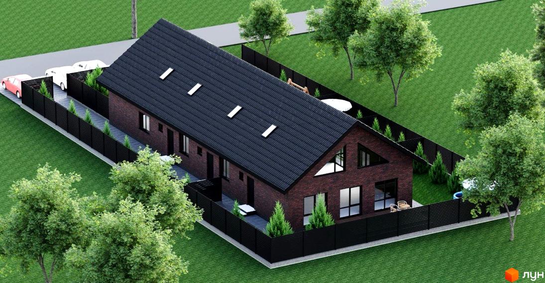 Котеджне містечко КМ Lemberg Bavaria 2: цегляний будинок з темним дахом, вікнами та прибудинковою територією з парканом, деревами та автомобілями.