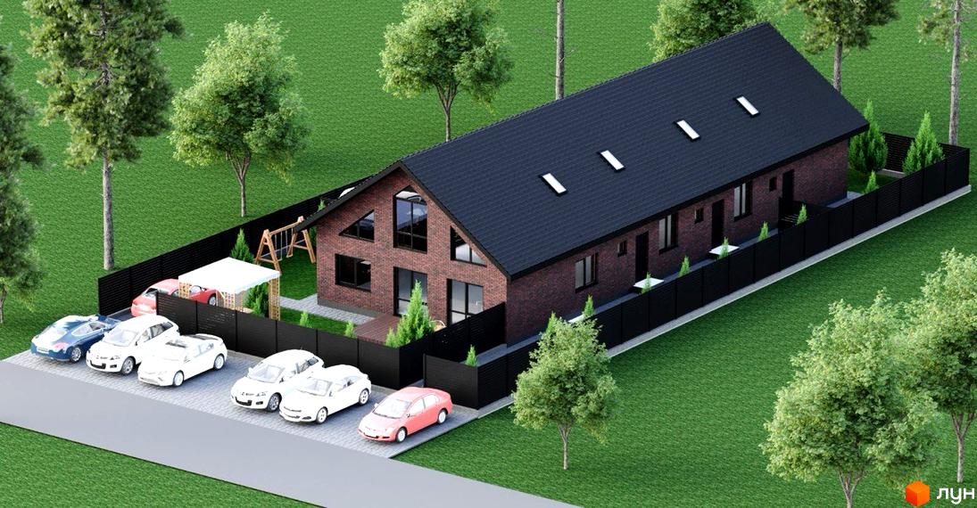 Котеджне містечко Lemberg Bavaria 2: цегляний будинок з темним двосхилим дахом та мансардними вікнами. На території є парковка, зелені газони та огорожа.