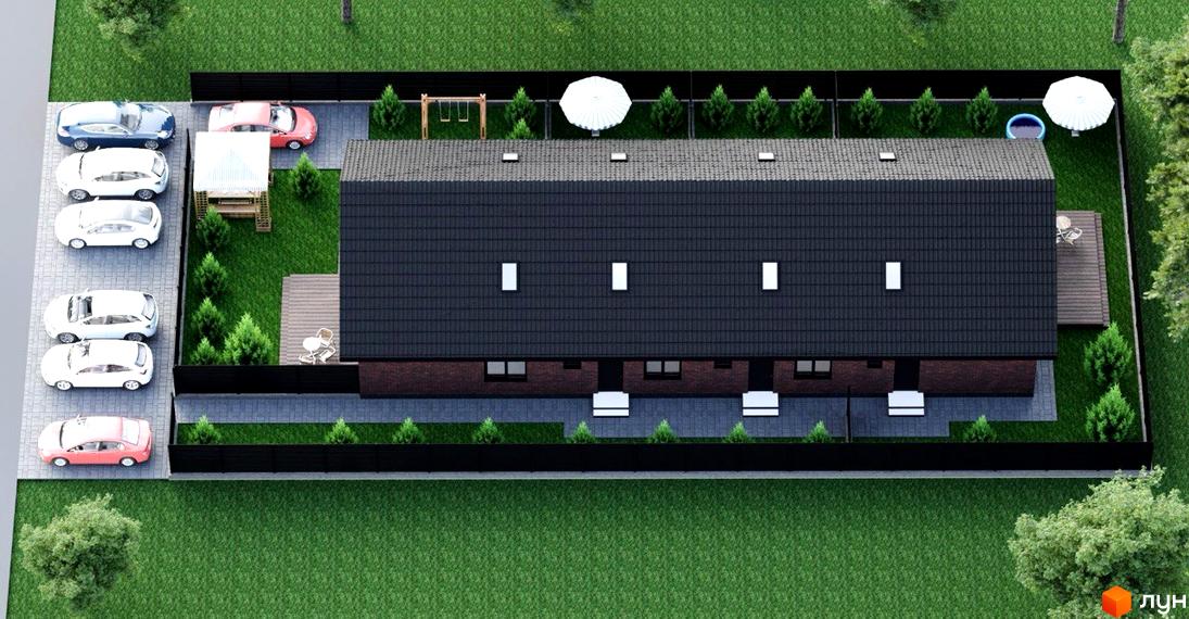 Котеджне містечко Lemberg Bavaria 2. Вигляд зверху на будинки з темними дахами та цегляними фасадами, прибудинкові ділянки з газонами, терасами та парковкою.