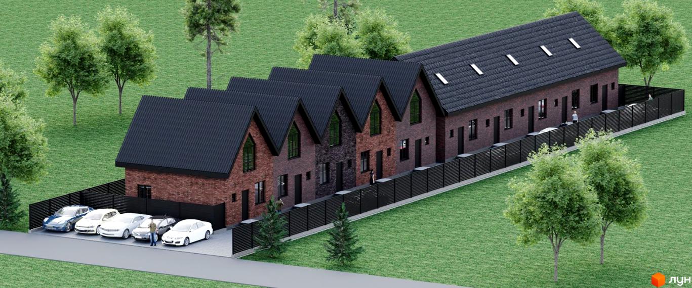 Зовнішній вигляд таунхаусів Lemberg Bavaria 3 з цегляним фасадом та чорним дахом, поруч розташовані автомобілі та зелена галявина.