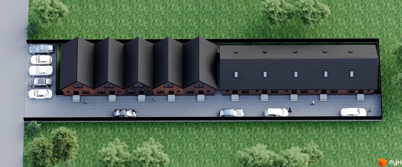 Зображення Таунхауси Lemberg Bavaria 3 з висоти пташиного польоту: два ряди будинків з темними дахами та цегляними фасадами. Перед будинками розташовані паркувальні місця та зелені насадження.