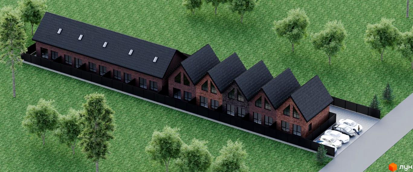 Таунхауси Lemberg Bavaria 3 з темно-червоними цегляними фасадами, темними дахами та трикутними вікнами на верхніх поверхах, оточені зеленими насадженнями та парковкою.