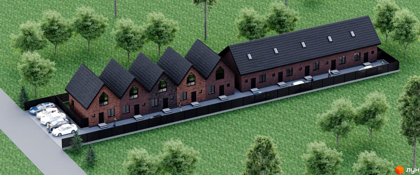 Таунхауси Lemberg Bavaria 3 з темно-цегляними фасадами та чорними дахами, оточені зеленим газоном і деревами. Перед будинками облаштована парковка.