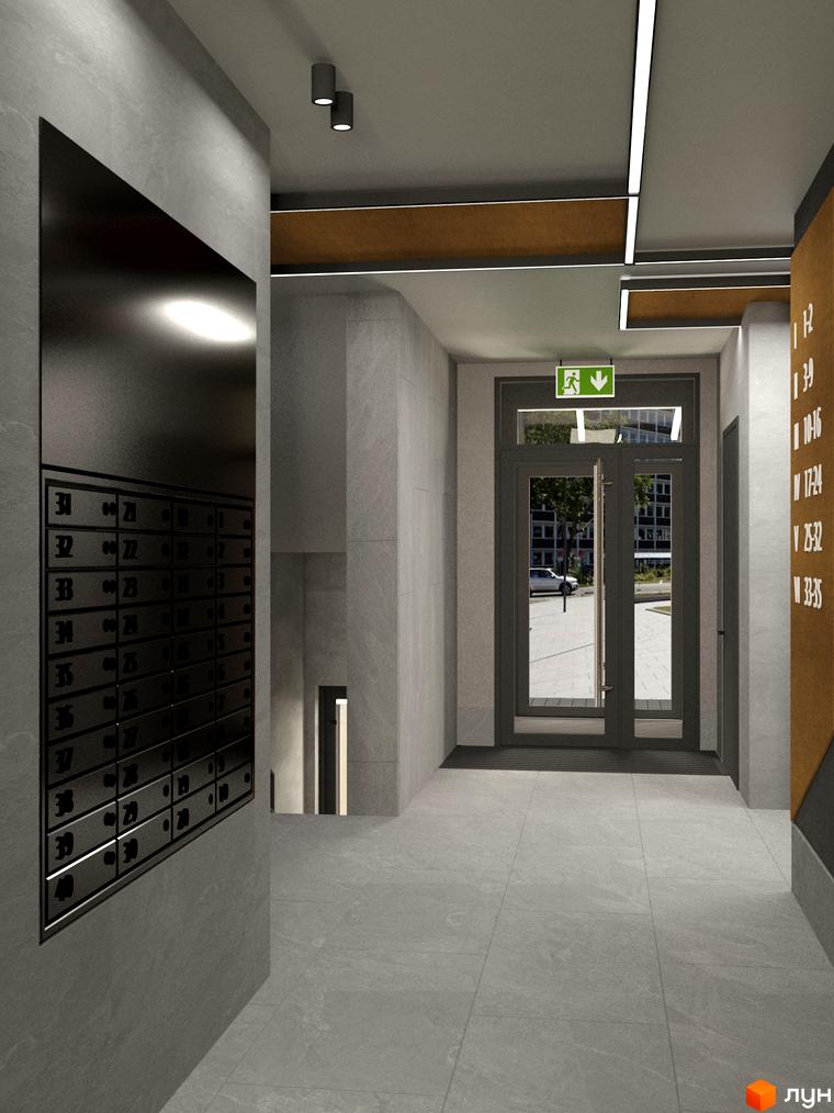 Вхідна група в житловий комплекс Eden Park з поштовими скриньками та дверима назовні. Сучасний дизайн фасаду та оздоблення.
