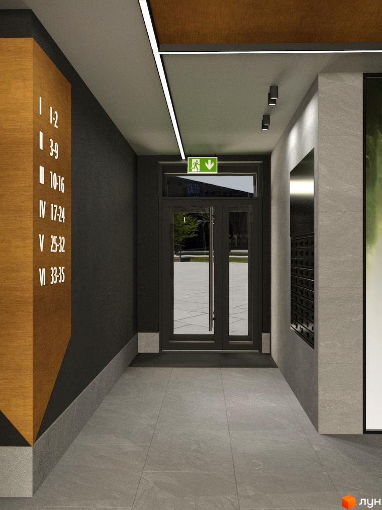Вхідна група житлового комплексу Eden Park з навігацією по поверхах та поштовими скриньками. Сучасний дизайн холу з сірою плиткою на підлозі та стінах.