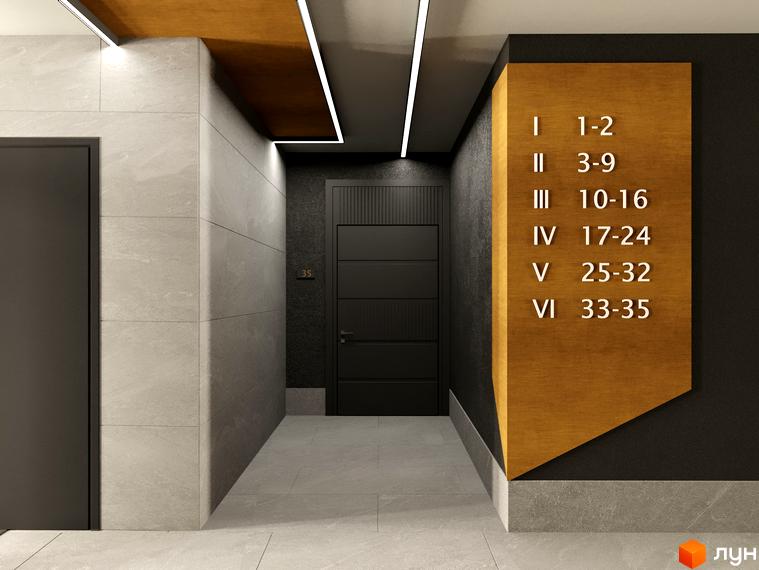 Житловий комплекс Eden Park. Сучасний дизайн вхідної групи з дверима та навігаційною табличкою.