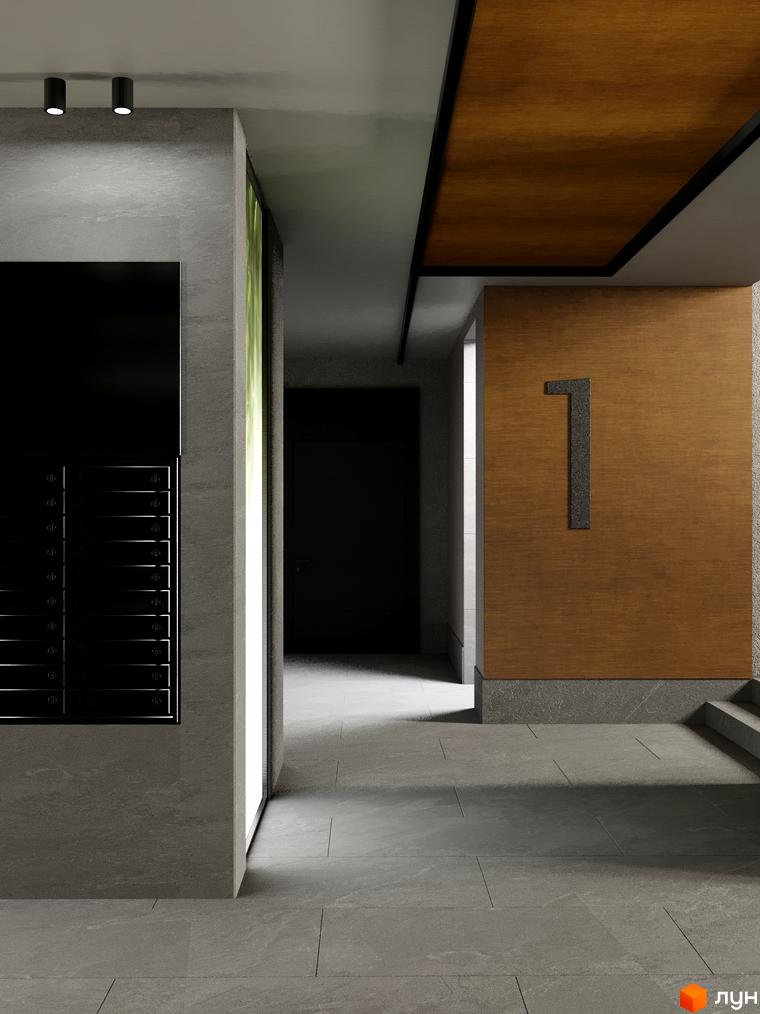 Новобудова ЖК Eden Park з сучасним дизайном фасаду та підсвіткою. Прибудинкова територія з елементами дерева та каменю.