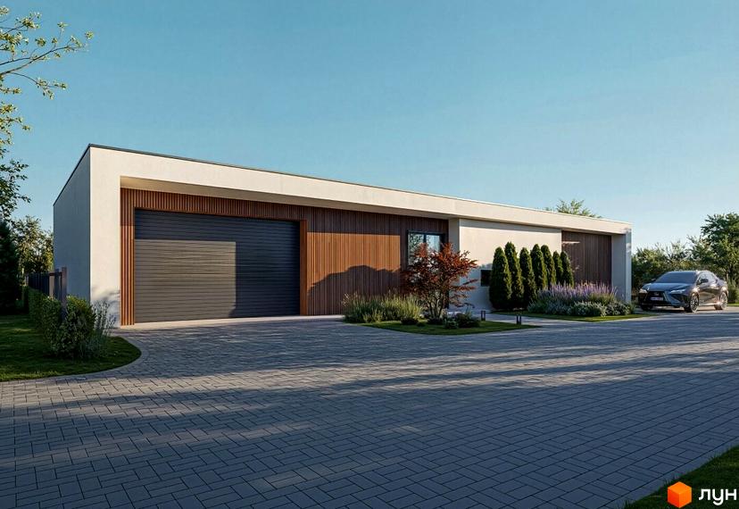 Котеджне містечко KHUTIR: сучасний будинок з гаражними воротами та дерев'яною обшивкою. Прибудинкова територія з газоном, деревами та автомобілем.
